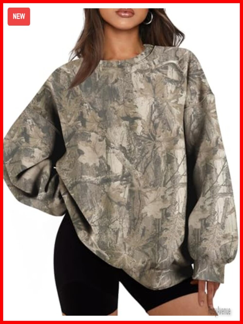 Womens Oversized Camo Maple Leaf Print Crewneck Sweatshirt Fleece Lined Fall